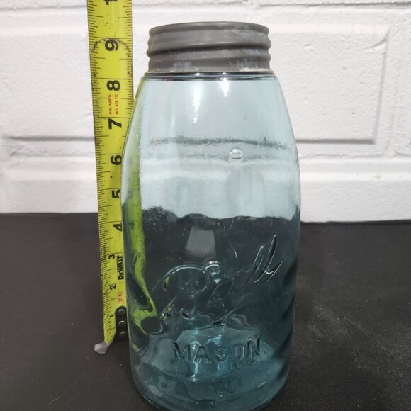 Vintage Early 1900's Aqua Blue Glass Mason Jar With Lid - Picture 8 of 8